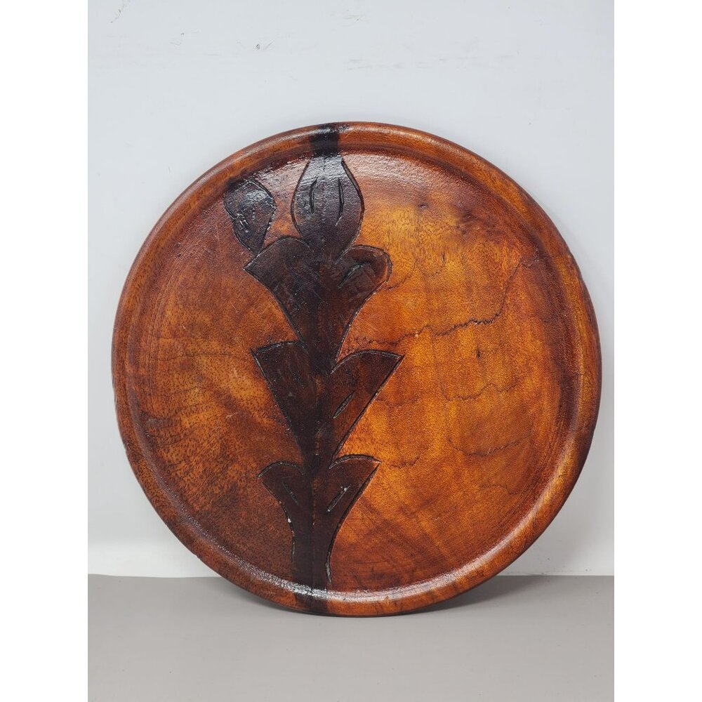 Hand Carved Vintage Round Wooden Tray Wall Plaque Folk Art Design Country Kitchy